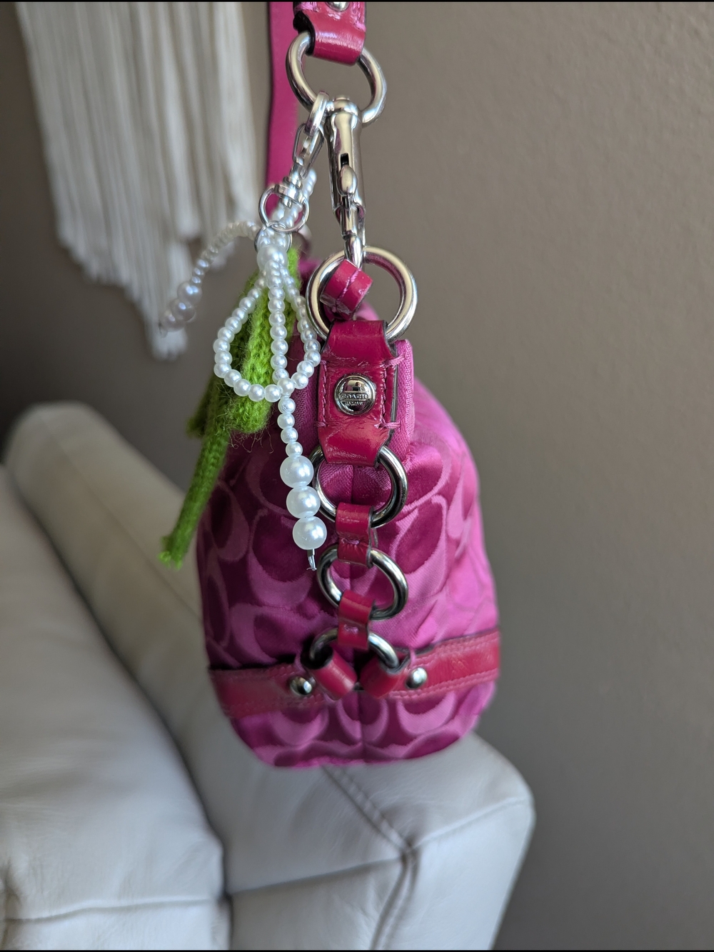 Coach Pink Signature Jacquard Shoulder Bag with Pearl Charm - Picture 6 of 16